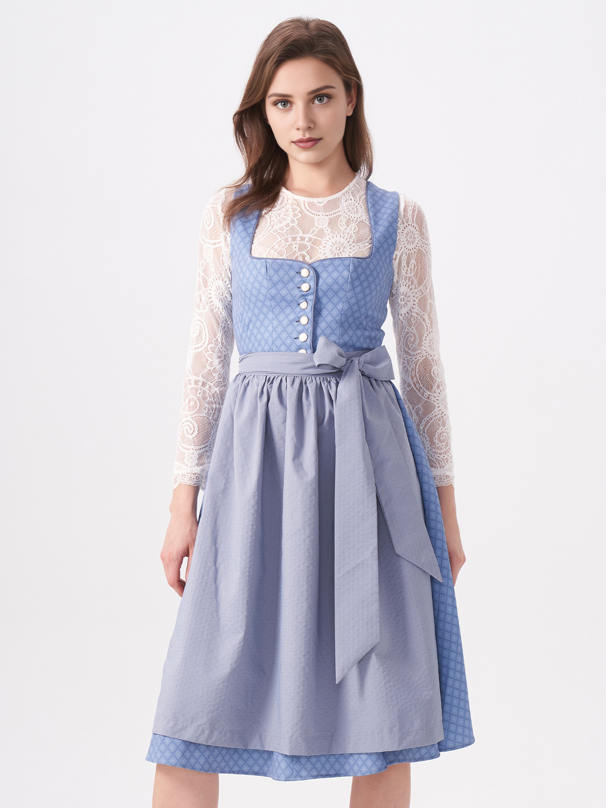Blaues Dirndl mit floralen Details